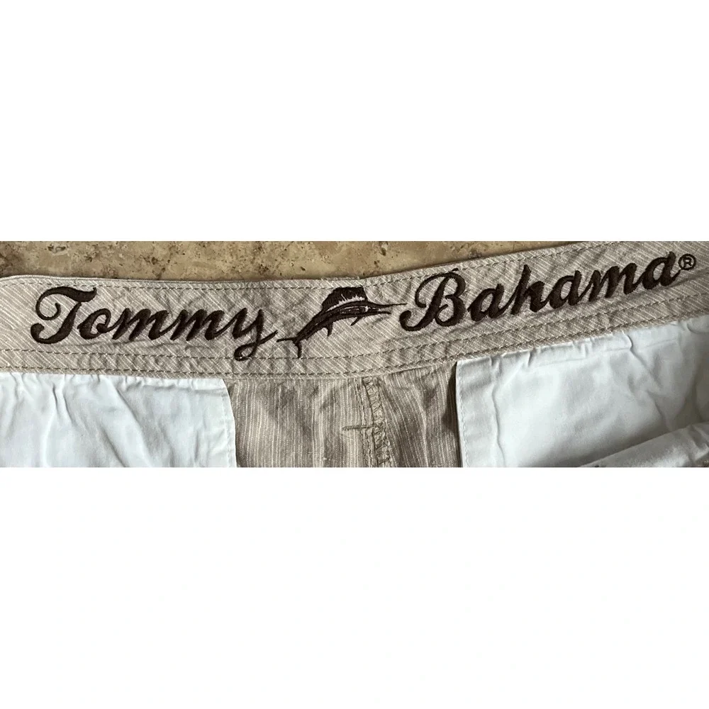 Tommy Bahama Mens 100%‎ Linen Shorts Tan White Striped Flat Front Size 36